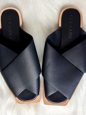 SOL SANA Black Crossband Leather Mules w/Natural Tan Sole